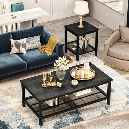 3 Pieces Living Room Table Set, Industrial Coffee Table with 2 Square End Side Tables, Coffee Table Set with Metal Frame for Apartment Home Office, Black - color: Black