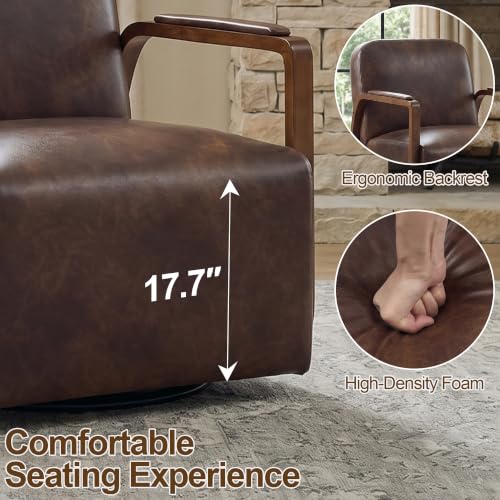 Faux Leather 360° Swivel Barrel Accent Chairs Set of 2, Upholstered Mid Century Modern Reading Lounge Chair with Wooden Armrests & Solid Rotating Metal Base for Living Room Bedroom, Dark Brown - color: Dark Brown, size: 2 Pack