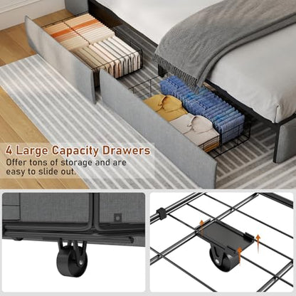 SADENICEL Queen Bed Frame with 4 Storage Drawer, Queen Size Bed Frame, Grey | Headboard with Charging Station and LED Lights, Metal Platform Bed with Storage Shelf, Noise Free, No Box Spring Needed - size: Queen, style: Channel Tufted & 4 Storage Drawers