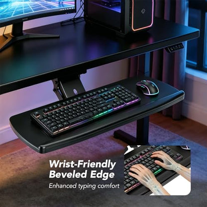 Keyboard Tray Under Desk with Storage Drawer, Height Adjustable Keyboard Tray Slide Out 360° Swivel Tilt, Ergonomic Under Desk Mount Keyboard & Mouse Holder for Gaming Home Office, Black - size: 25” Length