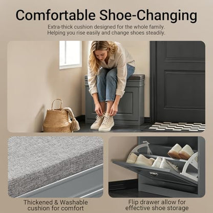 Haotian Grey Hallway Shoe Bench, Narrow Shoe Rack with Adjustable Shelf, Small Shoe Cabinet with 1 Flip-Drawer and Seat Cushion, FSR82-K-HG - color: Grey, size: 1 Drawer:24x9.4x20"