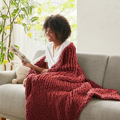 Madison Park Chunky Double Knit All Season Throw Blanket, 50 x 60, Red | Ultra Soft, Acrylic, Cozy Warmth for Sofa or Bed, Lightweight, Boho, OEKO-TEX Certified - color: Red