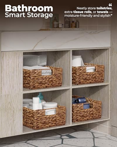Bluewest Woven Water Hyacinth Storage Baskets with Handles, 6-Pack, Brown | Organizer and Laundry Basket with Carrying Handles, Designed as a Rattan Bin for Shelves, Closets and Household Essentials. - color: Brown