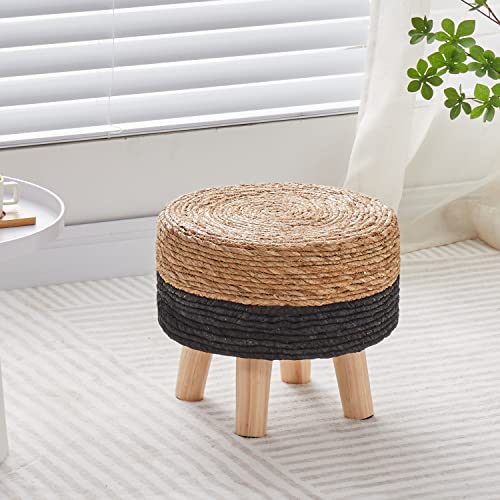Cpintltr Ottoman Natural Seagrass Footrest Poufs Hand Weave Round Foot Stool for Couch Desk Soft Step Stool Padded Foot Rest with Pine Legs for Living Room Bedroom Natural/Black - color: Black
