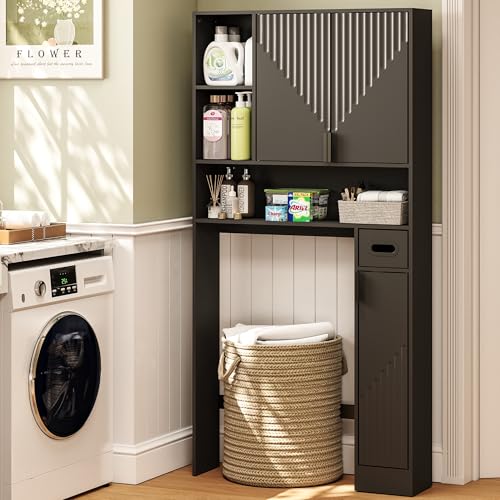 GOODONE Black Over The Toilet Storage Cabinet - with 3 Doors and Toilet Paper Holder Stand, FreeStanding, for Bathroom, Restroom, Laundry - color: Black