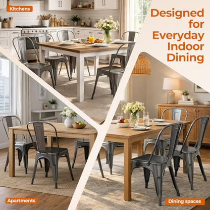 Metal Kitchen Chairs Set of 4 Deepspace Grey Color | Industrial Stackable Metal Chairs,for Kitchen Dining Rooms Cafes Restaurant Outdoor - color: Deepspace Grey
