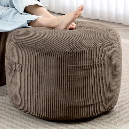 Round Stuffed Pouf Ottoman (Brown, 26" D x 26" W x 18" H) | Corduroy Foot Rest with Rebound Foam Filling, Furry and Fluffy Foot Stool Ottoman, Floor Poufs for Living Room - color: Brown, size: 26"D x 26"W x 18"H