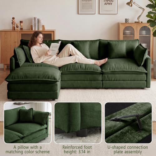70.8 Inch Modular Sectional Cloud Sofa, 2-Seat Chenille Green | Chenille Deep Seat Sofa with Pillow for Living Room, Bedroom and Apartment - color: Green, size: 70.8Inch