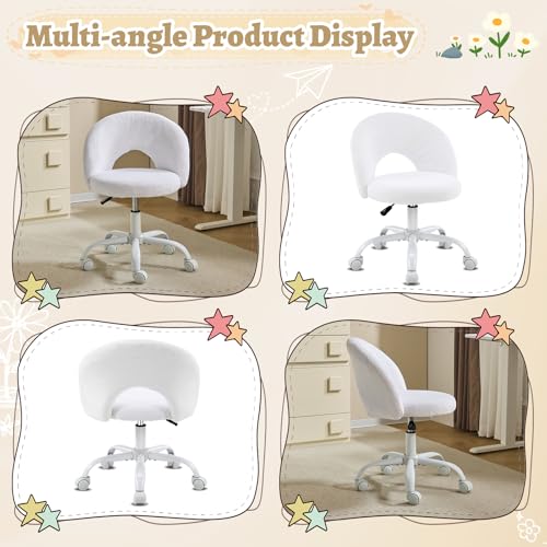 VINGLI Small Vanity Chair with Faux Fur Wheels for Girls,Cute Adjustable Height Armless Office Desk Chair,360°Swivel Comfy Rolling for Study,Make up Room,Small Space,White - color: Furry White