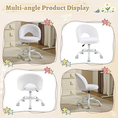 VINGLI Small Vanity Chair with Faux Fur Wheels for Girls,Cute Adjustable Height Armless Office Desk Chair,360°Swivel Comfy Rolling for Study,Make up Room,Small Space,White - color: Furry White