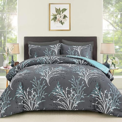 DJY Blue and Grey Reversible Comforter Set with Quilt Set Branch Flroal Pattern Bedding Set