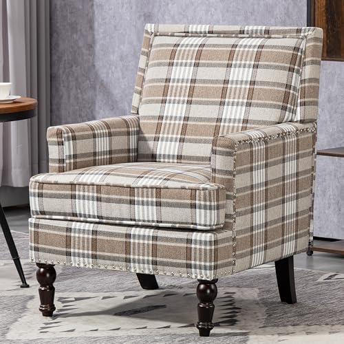 Accent Chair, Plaid Gingham Cozy Comfy Modern Accent Chairs | Mid-Century Upholstered Lounge Arm chair With Solid Wood Frame for Living Room/Bedroom-Brown plaid - color: Brown Plaid-sackcloth-s001