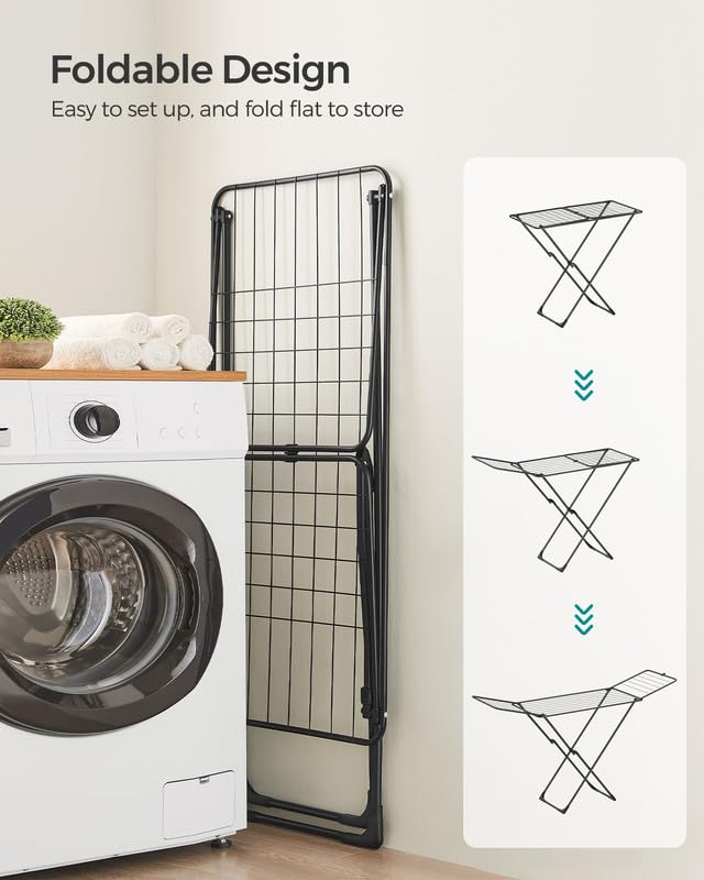 SONGMICS Clothes Drying Rack, Metal Laundry Drying Rack, Foldable, Space-Saving, Free-Standing Airer, with 2 Gullwings, Indoor Outdoor Use, Bed Linen Clothing, Black ULLR540B01 - color: Black, style: 2 Gullwings（19.7"D)