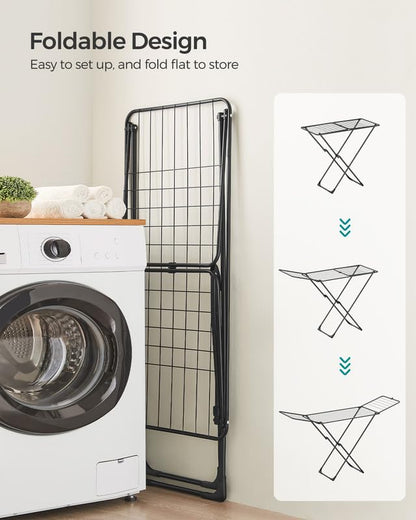 SONGMICS Clothes Drying Rack, Metal Laundry Drying Rack, Foldable, Space-Saving, Free-Standing Airer, with 2 Gullwings, Indoor Outdoor Use, Bed Linen Clothing, Black ULLR540B01 - color: Black, style: 2 Gullwings（19.7"D)