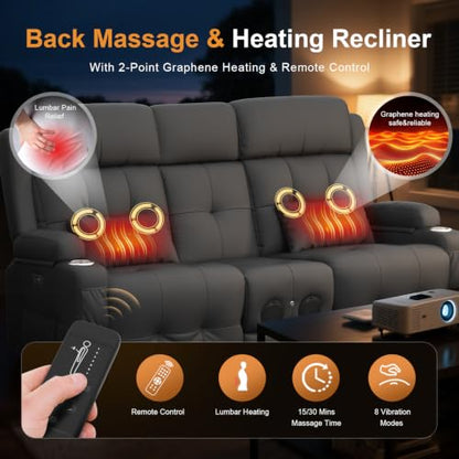 Home Theater Seating, Power Loveseat Recliner Sofa with Massage & Heat | Wall Hugger Reclining Loveseat with USB, RV Couch with LED Lights, Flip Backrest, Cup Holders for Movie Theater, Gaming Room - color: Pebbled Dark Gray, size: 72" - 2 Seats