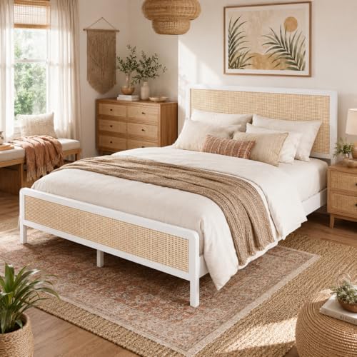 IMMERSTABLE Rattan Full Size Bed Frame with Headboard, Boho Full Metal Platform Bed Frame with Steel Slats, Under Bed Storage, Rounded Corners, No Box Spring Needed, Quiet Design, Easy Assembly, White - color: White, size: Full