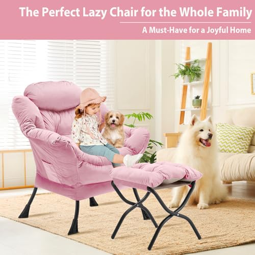 Youtanic Lazy Chair with Folding Ottoman, Accent Chair Velvet Upholstered with Metal Structure and Non-Slip Pads, Sofa Armchair with Footrest and Side Storage Bag for Dorm, Room, Office, Pink - color: Pink