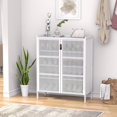 Shoe Cabinet, 20 Pair Farmhouse Shoe Organizer Cabinet, Freestanding Bamboo Wooden Shoe Storage Cabinet with Grille Doors, 5-Tier Narrow Shoe Cabinet for Entryway Hallway, White | Modern Farmhouse | Freestanding | Adjustable Shelf | Narrow Wood Shoe Cabin