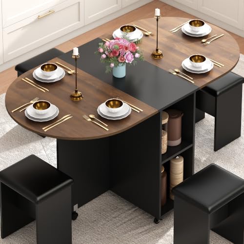 5 PCS Farmhouse Dining Table Set for 4,60" Large Round Folding Dining Table Set w/ 4 Leather Chairs, Drop Leaf Oval Modern Kitchen Table for Small Spaces,6 Wheels,2-Layer Storage Shelf,Walnut - color: Walnut
