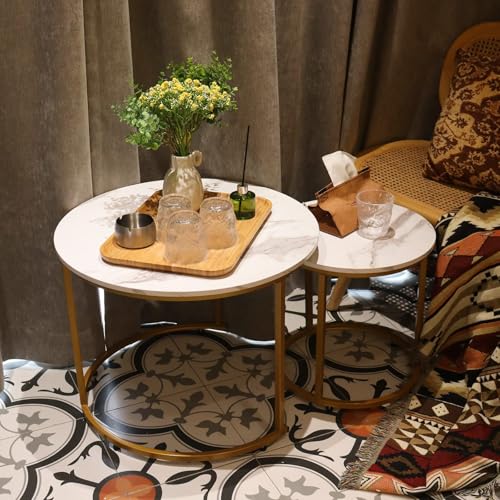 aboxoo Coffee Table Nesting White Set of 2 Side Set Golden Frame Circular Round and Marble Pattern Wooden Tables, Living Room Bedroom Apartment Modern Industrial Simple Nightstand - color: Gold White