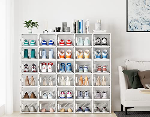SIMPDIY XL Clear Shoe Storage Boxes, Stackable Shoe Organizer for Closet | 12 Pack, for Size 13, Magnetic Door, Aromatherapy Stick, Plastic, Shoe Rack for Closet, Entryways, Under-bed Storage - color: White