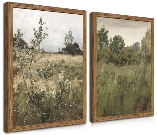 Vintage Landscape Wall Art Set of 2, Green Natural Wilderness Farmhouse Canvas Wall Decor Paintings, Retro Country Wildflower Oil Pictures Posters Prints for Living Room Bedroom 12x16 Inch Wood Framed - color: Green Landscape, size: 16"L x 12"W