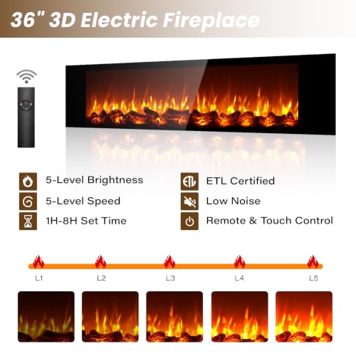 EAG 70'' Floating TV Stand with Fireplace, Modern Wall Mounted Entertainment Center with Storage for TVs Up to 80", High Gloss Media TV Console for Living Room, Decorative Faux Fireplace, Brown