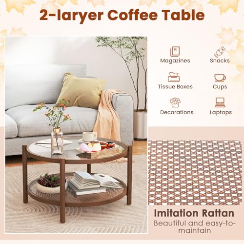GIANTEX Rattan Coffee Table, Boho Round Glass Tea Table with PE Rattan Storage Shelf & Wood Frame, 2 Tier Accent Center Table for Living Room, Apartment, Small Space - color: Brown