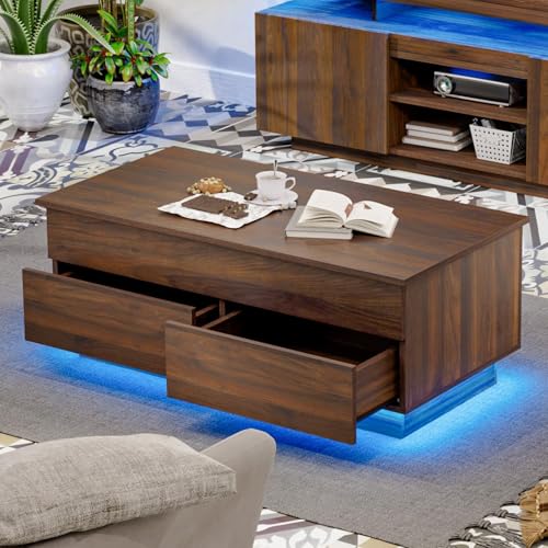 HOMMPA LED Coffee Table with Lift Top Morden Coffee Table with Storage High Gloss Walnut Sofa Table for Living Room Center Tables Hidden Compartment & 2 Drawers - color: Walnut, size: 2 Drawers