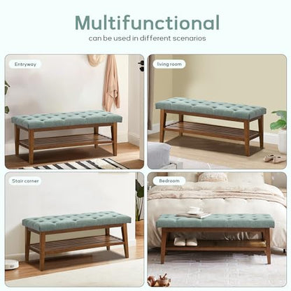 HUIMO Upholstered Entryway Shoe Bench, Button Tufted End of Bed Bench, Teal | with Solid Wood Slatted Shelf, Padded Ottoman Bench for Bedroom, Living Room, Entryway - color: Teal, style: French Country