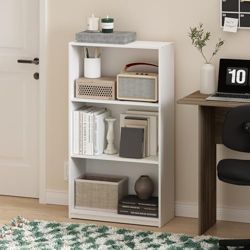 Furinno Basic Book Shelf, 3-Tier Modern Bookshelf, Bookcase with Open Shelves, 9.3 x 21.8 x 39.5, for Living Room, Bedroom, Home Office, White - color: White/White, size: 3-Tier