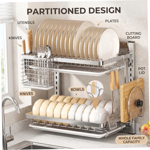 Wall Mounted Dish Drying Rack, 2 Tiers Over Sink Dish Drying Rack Rustproof Stainless Steel Drain Storage for Kitchen, Silver..