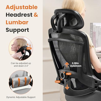 DUMOS Executive Home Office Chair, Ergonomic Computer Desk Chair, Mesh | 300 LBS, High Back, 2D Headrest, Adjustable Lumbar Support, Flip-up Armrests, Swivel Wheels, Classic Gray - color: Classic Gray