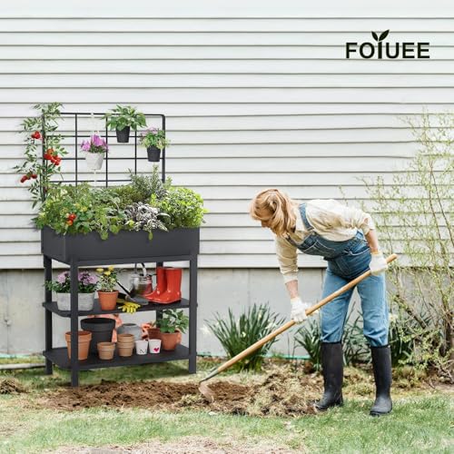 Metal Raised Garden Bed with Trellis & Legs | 2-tier shelf, 3 flower pots, 36" tall no-bend, rust-resistant, ideal for patio, balcony, vegetables, herbs & climbing plants