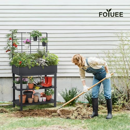Metal Raised Garden Bed with Trellis & Legs | 2-tier shelf, 3 flower pots, 36" tall no-bend, rust-resistant, ideal for patio, balcony, vegetables, herbs & climbing plants
