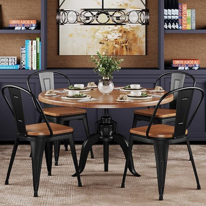 Alunaune 18inch Metal Dining Chair Set of 4 High Back Classic Chic Iron Farmhouse Chairs Industrial Stackable Coffee Stools Bistro Cafe Side Barstools Wood Seat-Black - color: Black
