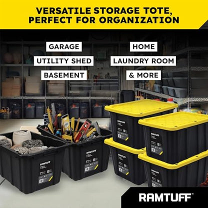 4 Pack Heavy Duty Stackable Storage Container with Snap-Tight Lid, Resistant To Weather Organization Tote, 27 Gallon, Black and Yellow - size: 4 pcs