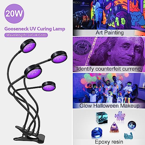 USB UV Black Light 4-Head, 20W 395nm-405nm LED UV Lamp with Clamp, Gooseneck UV Light for Resin Curing, Blacklight Posters, Fluorescent Paint - size: 4 Heads
