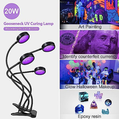 USB UV Black Light 4-Head, 20W 395nm-405nm LED UV Lamp with Clamp, Gooseneck UV Light for Resin Curing, Blacklight Posters, Fluorescent Paint - size: 4 Heads