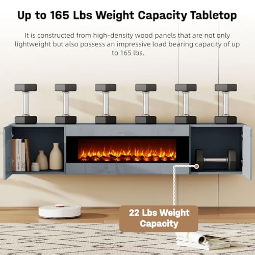 70" Wall Mounted Floating TV Stand with 36" Electric Fireplace, High Gloss Floating Entertainment Center TV Shelf for TVs Up to 80", Grey Fireplace Media Console Table Floating TV Cabinet Living Room - color: Grey, size: 70"-with fireplace