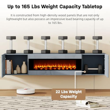 70" Wall Mounted Floating TV Stand with 36" Electric Fireplace, High Gloss Floating Entertainment Center TV Shelf for TVs Up to 80", Grey Fireplace Media Console Table Floating TV Cabinet Living Room - color: Grey, size: 70"-with fireplace
