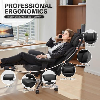 Office Desk Chair, Big and Tall Leather Gaming Chair with Footrest, Wide Ergonomic Comfy Executive High-Back Reclining Computer Chairs, Swivel Rolling Wheels and Padded Lumbar Support, Black Updated - color: Black 2.0, style: 3 Position Reclining