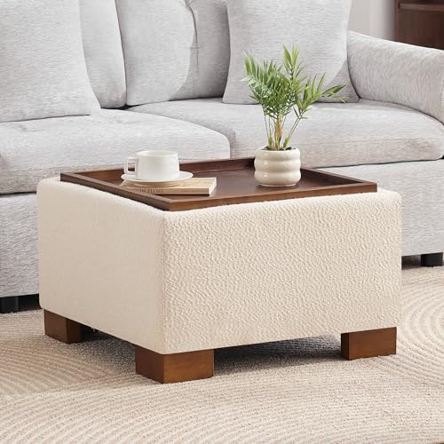 WUTUTUEE 24" Square Ottoman Coffee Table with Storage, Boucle Ottomans with Tray and Solid Wood Legs for Living Room, Bedroom and Apartments, Small Modern Ottoman Tea Table with Lift-Off Lid, Beige - color: 24'' Beige Boucle