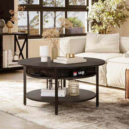 FABATO 26.77” Round Lift Top Coffee Table with Storage, Black Oak | Farmhouse Coffee Table, 2 Tier Small Round Center Table, Center Table for Living Room, Circle Dining Table - color: Black Oak