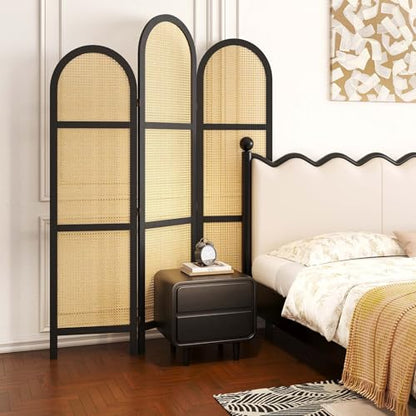 3-Panel Hand-Woven Rattan Room Divider, Tall Foldable Privacy Screen with Wooden Frame - Freestanding Portable Partition for Home Office, Bedroom, Bathroom(Black-Wave) - color: Black-wave