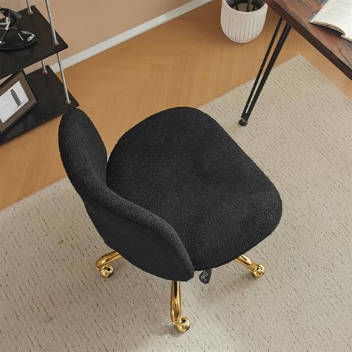 VINGLI Wide Criss Cross Legged Office Chair,Buttprint Ergonomic Desk Chair Comfy with Pillow&Gold Base,Dual-Use with/no Wheels,Adjustable Vanity Swivel Chair for Bedroom,Home Office,Teddy Fleece,Black - color: Elegant Black