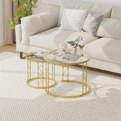 Nesting Coffee Table, 23.6" Round Coffee Table Set of 2, Glass Nesting Table with Metal Frame, Ceter Tables for Living Room Bedroom Balcony, Gold - color: Glass and Gold