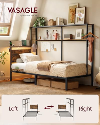 VASAGLE Twin Size Metal Bed Frame with Headboard, Multifunctional Storage, Built-in LED Lights, Charging Station, Bookshelf, Bedside Shelf, Space-Saving, No Box Spring Needed, Rustic Brown URMB963K02 - color: Rustic Brown