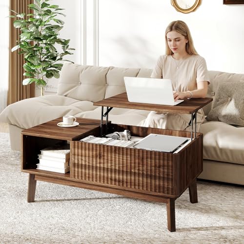 Fluted Lift Top Coffee Table with Storage Shelf and Hidden Compartment, Mid Century Modern Wooden Center Table for Living Room, Home Office, Walnut - color: Walnut Rectangle