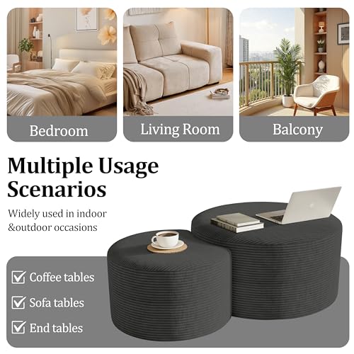 Round Nesting Coffee Table Set of 2,Upholstered Foam Ottoman Footrest Side Table Set,Modern Flannel Circle Coffee Table No Assembly for Living Room Entryway Bedroom,Grey - color: Grey